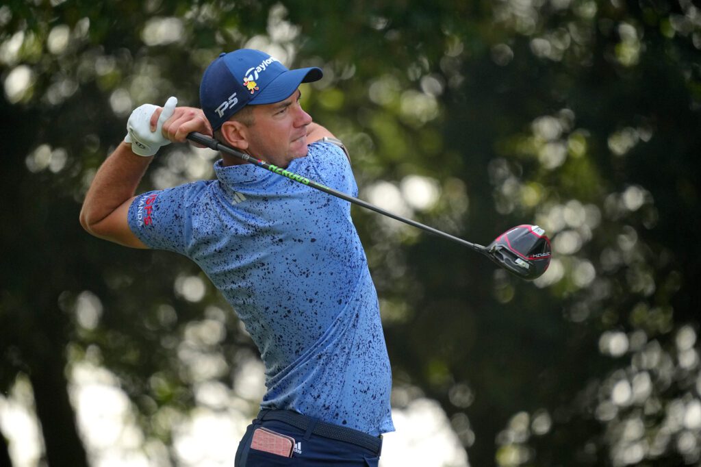 Australian Lucas Herbert unleashes his drive on the 12th hole of the second round at the ISPS HANDA Championship Japan